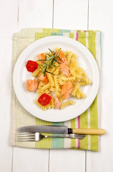 Noodles Grilled Salmon Tomatoes Rosemary Plate — Stock Photo, Image