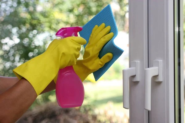 Hands Gloves Cleaning Window Close — Stock Photo, Image