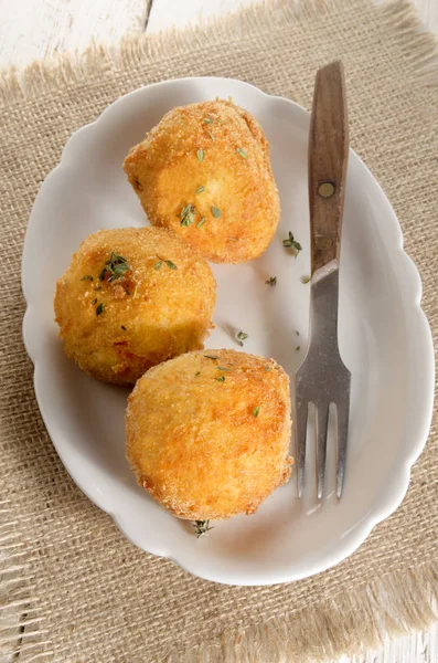 Breaded Potato Balls Thyme Fork Bowl — Stock Photo, Image