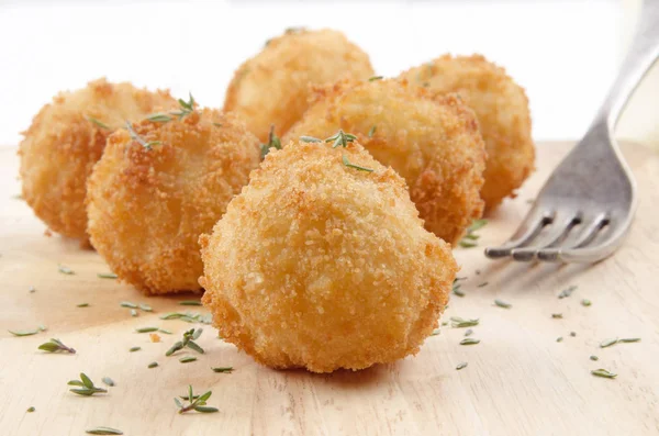 Fried Potato Balls Thyme Fork Brown Kitchen Paper — Stock Photo, Image