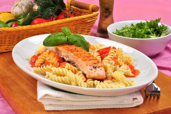 White Plate Fillet Grilled Salmon Tomato Paste — Stock Photo, Image