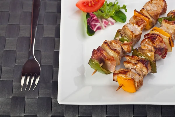 Meat Skewer White Plate — Stock Photo, Image