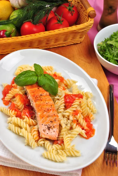 White Plate Fillet Grilled Salmon Tomato Paste — Stock Photo, Image