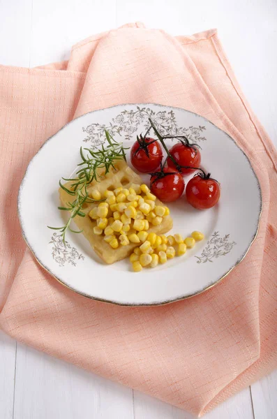Warm Potato Waffle Sweet Corn Grilled Tomato Rosemary Plate — Stock Photo, Image