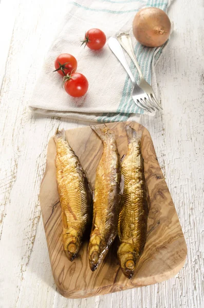 Smoked Fish Tomato Wooden Board — Stock Photo, Image