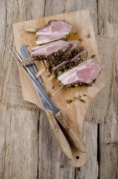 Lamb Fillet Meat Fork Knife Wooden Board — Stock Photo, Image