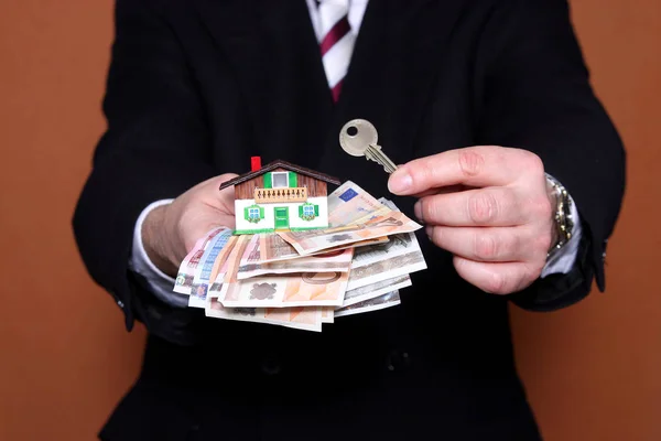 Close Photo Businessman Hands Money Key Sale House — Stock Photo, Image