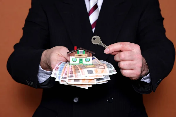 Close Photo Businessman Hands Money Key Sale House — Stock Photo, Image