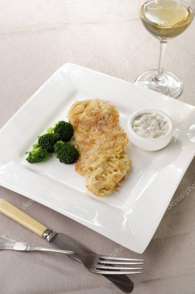 Oven Baked Potato Crusted Trout Fillet With Broccoli And Glass Of Wine