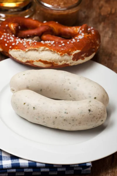 Close White Bavarian Sausages Plate Stock Photo