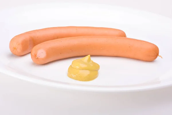 Wiener Wurst Mit Weißem Senfteller Nahaufnahme — Stockfoto