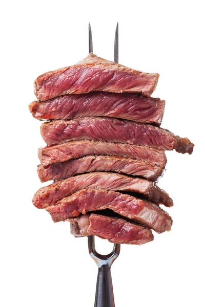 Close Carne Crua Fresca Carne Garfo Metal — Fotografia de Stock