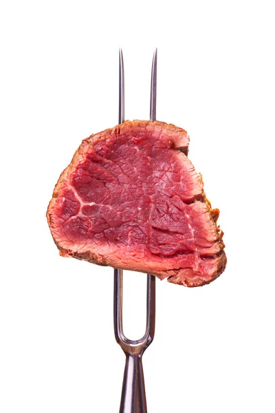 Close Pedaço Cru Carne Vaca Carne Garfo Metal — Fotografia de Stock