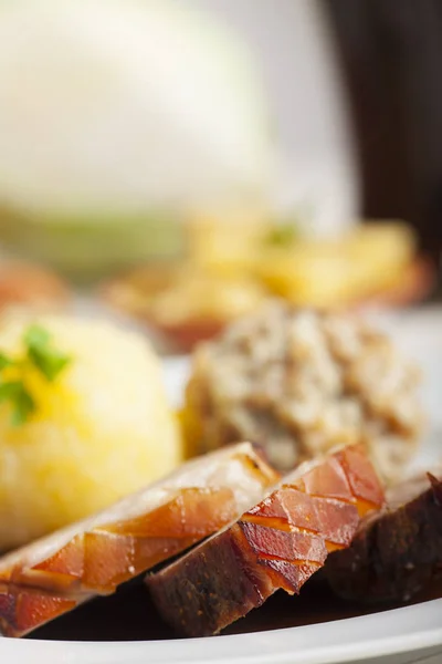 Close Tasty Roasted Pork Meat White Plate — Stock Photo, Image