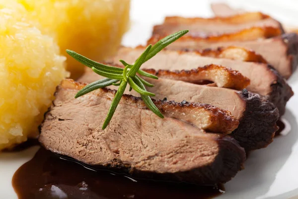 Duck Slices Potatoes Rosemary White Plate Close — Stock Photo, Image