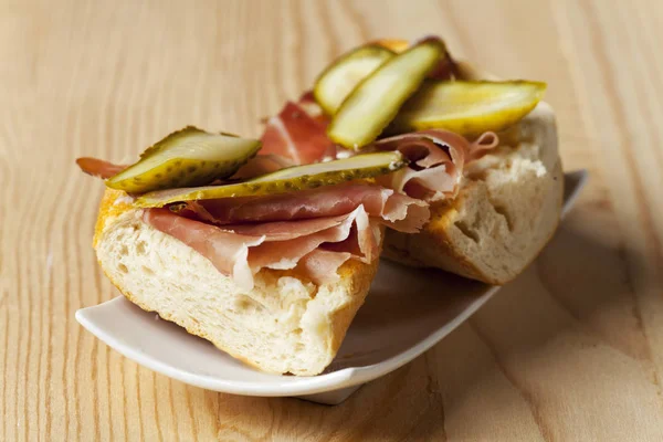 Ham Sandwich Bread Plate Wooden Board — Stock Photo, Image