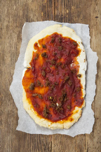 Gros Plan Savoureux Maison Delicious Lahmacun Pizza Turque Sauce Tomate — Photo