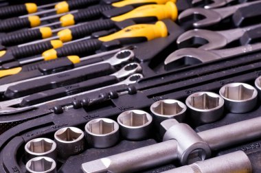 Araç kutusu krom aletleri, koleksiyonu ile yakın çekim