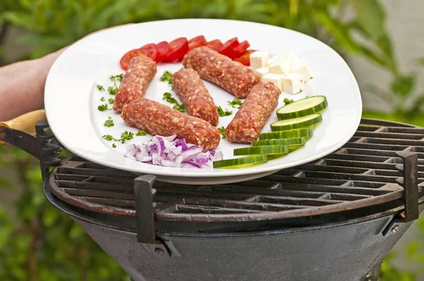 Close Photo Grilled Barbecue Cevapi Ham — Stock Photo, Image