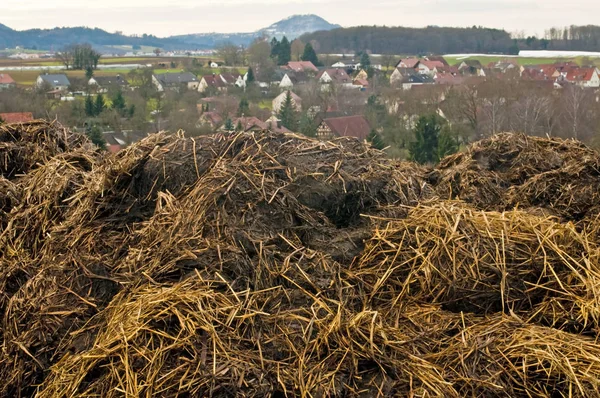 Trágya Hegy Egy Falu Háttérben — Stock Fotó