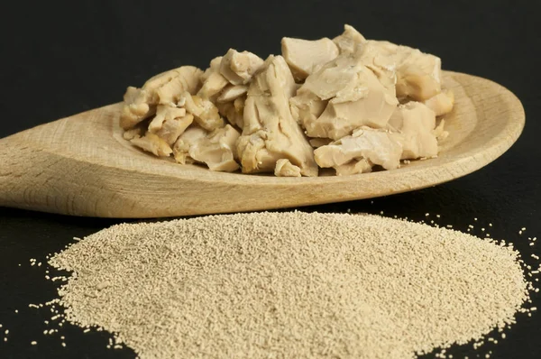 Baking Ingredient Yeast Powder Fresh Yeast Wooden Spoon — Stock Photo, Image