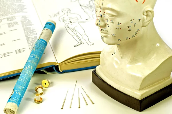 针灸针 头模型 教科书和艾卷 — 图库照片
