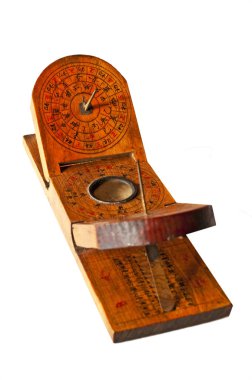 Antika ahşap Çince Güneş saati, yakın çekim 
