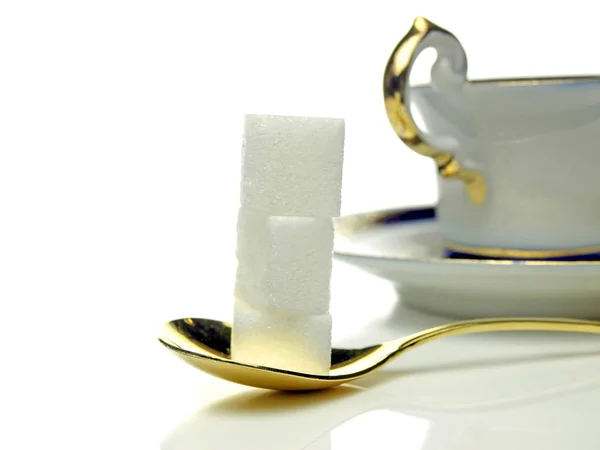 Klumpen Zucker Mit Löffel Und Tasse — Stockfoto