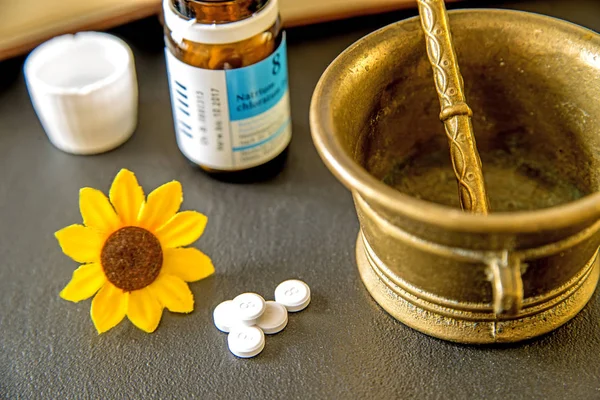Homeopathic Pharmacy Pills Doctor Schuessler Salts Natrium Chloratum Balance Body — Stock Photo, Image