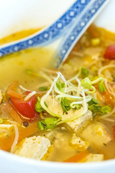 Primer Plano Deliciosa Sopa China Con Tofu Tazón Con Cuchara — Foto de Stock