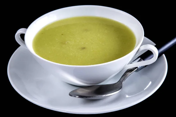 Close Deliciosa Sopa Ervilhas Com Salsicha Tigela Branca — Fotografia de Stock