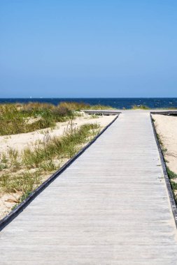 kumlu plaj, Baltık Denizi ile mavi gökyüzü arka plan