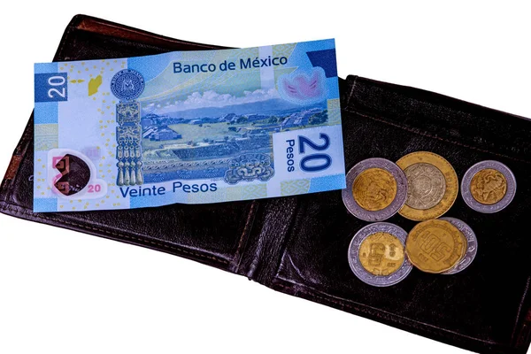 Mexikói Bankjegy Érmék Pénztárca Bőrből Közeli — Stock Fotó