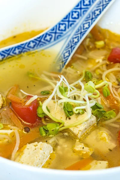 Primer Plano Deliciosa Sopa China Con Tofu Tazón Con Cuchara — Foto de Stock