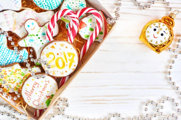 Box with christmas cookies and candycane — Stock Photo, Image