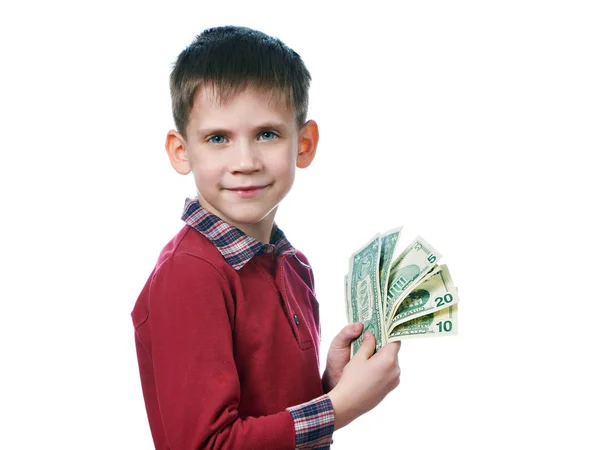 Красивый маленький мальчик с долларовыми купюрами в руках изолирован — стоковое фото