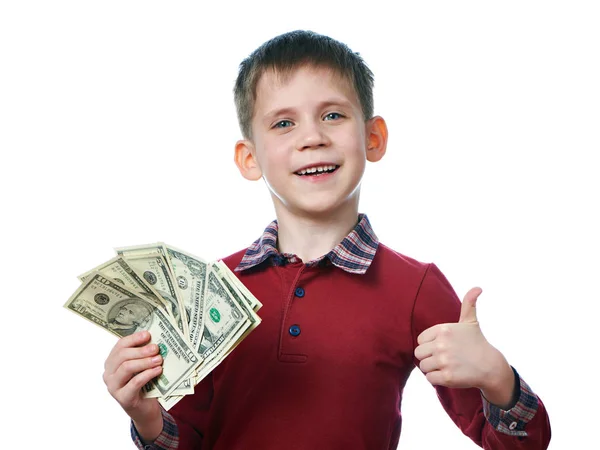 Счастливый мальчик с долларами и большими пальцами вверх жеста изолированы — стоковое фото