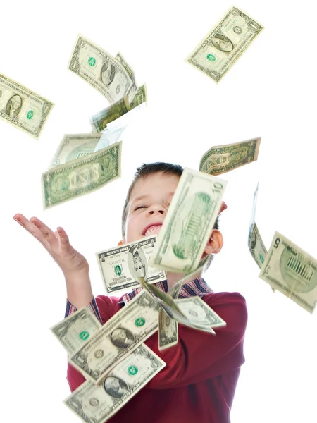 Мальчик и летающие доллары изолированы — стоковое фото