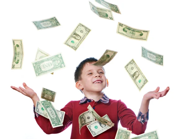 Kleine jongen en vliegende dollarbiljetten geïsoleerd — Stockfoto