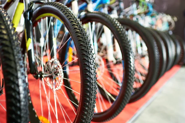 Moderne mountainbikes in sportzaak — Stockfoto