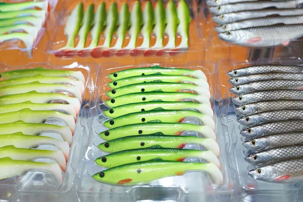 Soft plastic fishing baits in boxes — Stock Photo, Image
