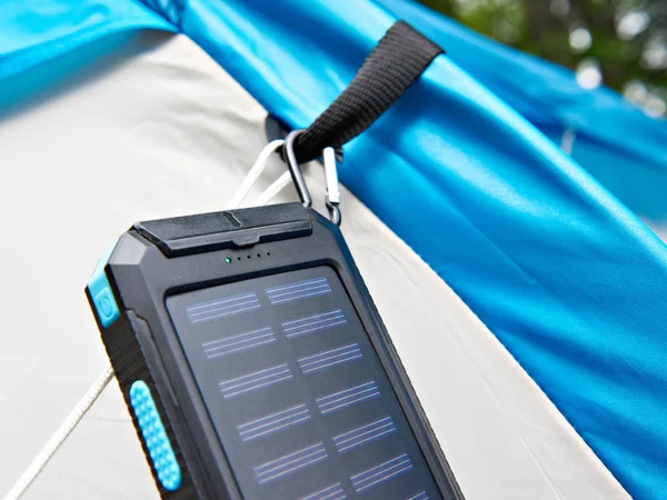 Hiking portable battery with solar panels — Stock Photo, Image