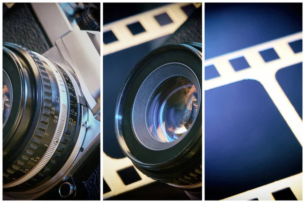 Объектив SLR камера на фоне перфорационной пленки — стоковое фото