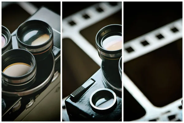 Antigua cámara de cine retro sobre fondo de película de perforación —  Fotos de Stock