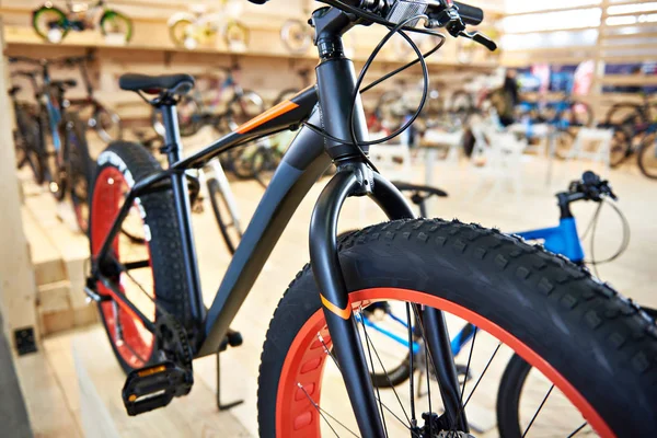 Велосипед с жирными шинами в спортивном магазине — стоковое фото