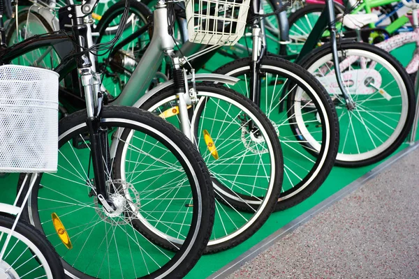 Row modern city bikes in shop — Stock Photo, Image