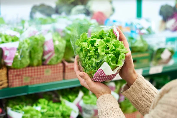 Woman chooses green leaf salad in grocery store — Stock Photo, Image