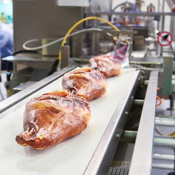 Meat on conveyor of food production