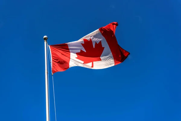 Primer Plano Bandera Canadá Frente Cielo Azul —  Fotos de Stock