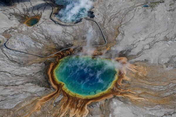 Aerial view of Grand prismatic spring in Yellowstone national park, USA